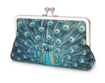 Peacock feathers, silk clutch bag with optional silver chain handle