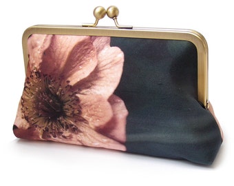 Coral poppy printed silk clutch bag, flower purse with chain handle