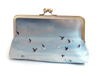 Birds, silk clutch bag with optional chain handle