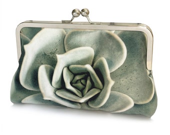 Succulent clutch bag, silk purse with chain handle, grey green blue petals