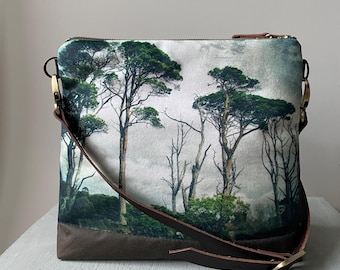 Pine trees, velvet shoulder bag with leather strap