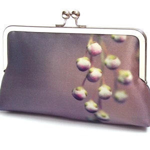 Lilac buds clutch bag, pink silk purse with silver chain handle image 1