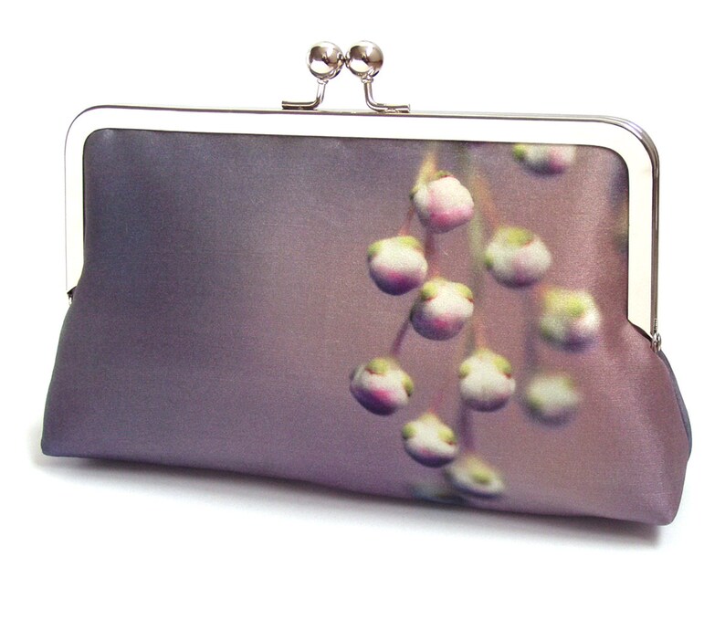 Lilac buds clutch bag, pink silk purse with silver chain handle image 1