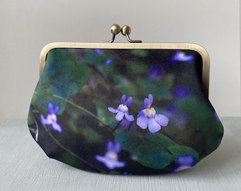 Wild violets, velvet clutch bag with optional strap