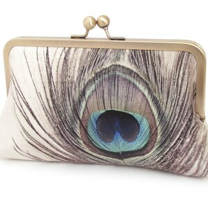 Peacock feather clutch purse, silk bag with chain handle