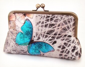 Blue Morpho butterfly clutch purse, silk bag with chain handle