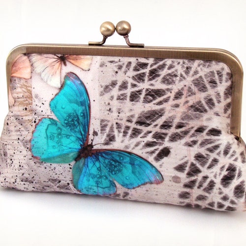 Blue Morpho Butterfly Clutch Purse Silk Bag With Chain Handle Etsy