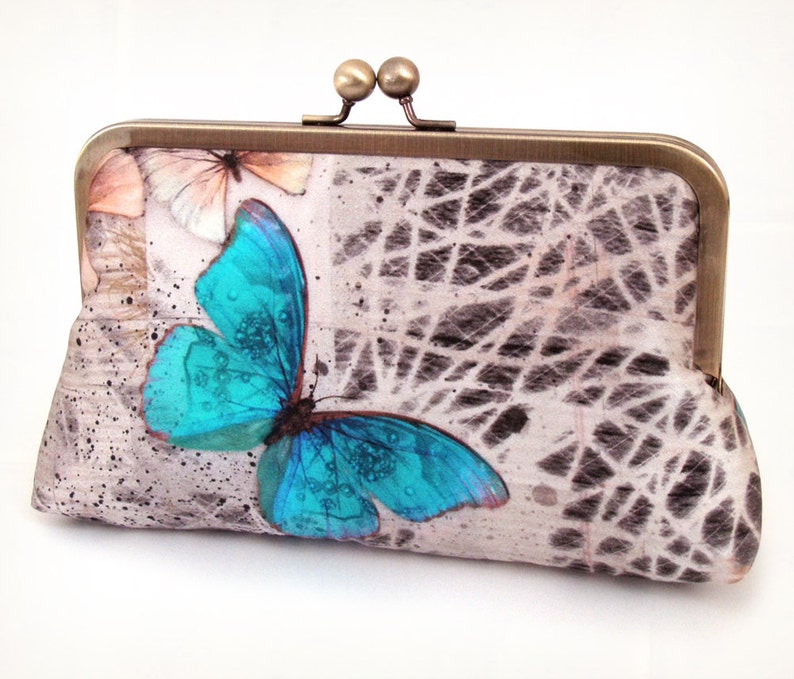 Blue Morpho butterfly clutch purse, silk bag with chain handle image 1