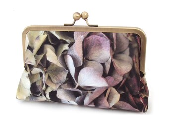 Hydrangea petals, silk clutch bag with optional chain handle