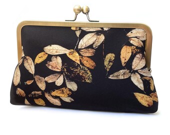 Lochan leaf clutch bag, printed silk purse with brass chain handle