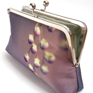 Lilac buds clutch bag, pink silk purse with silver chain handle image 3