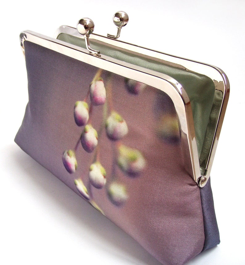 Lilac buds clutch bag, pink silk purse with silver chain handle image 3