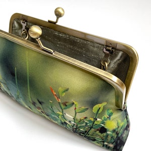 Woodland glade, printed silk clutch bag, purse with chain handle image 2