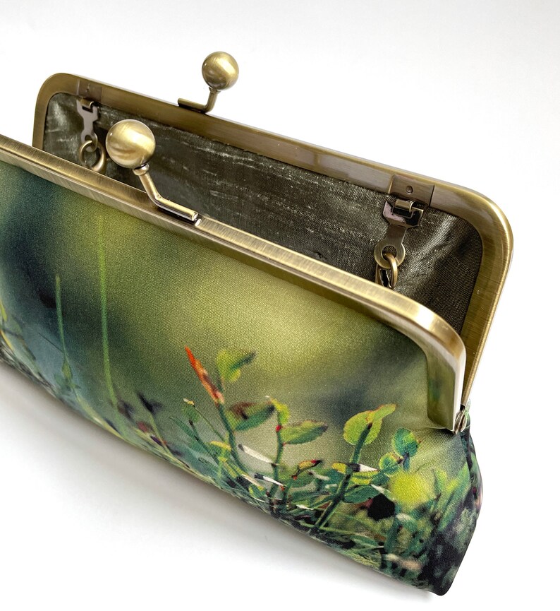 Woodland glade, printed silk clutch bag, purse with chain handle image 2