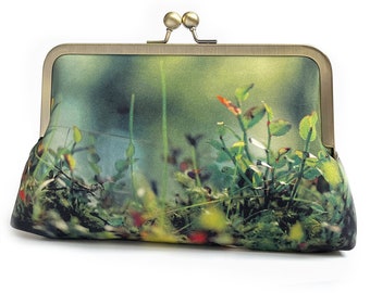 Woodland glade, printed silk clutch bag, purse with chain handle