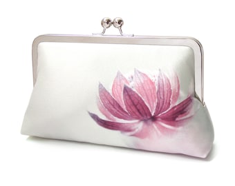 Pink Astrantia flower clutch bag, printed silk purse with chain handle