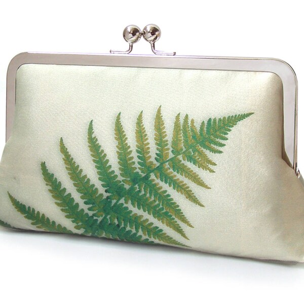 Green fern clutch bag, printed silk purse with chain handle