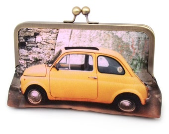 Yellow car clutch bag, Fiat 500 printed silk purse with chain handle