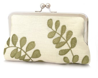 Green leaf, embroidered linen clutch bag with chain handle