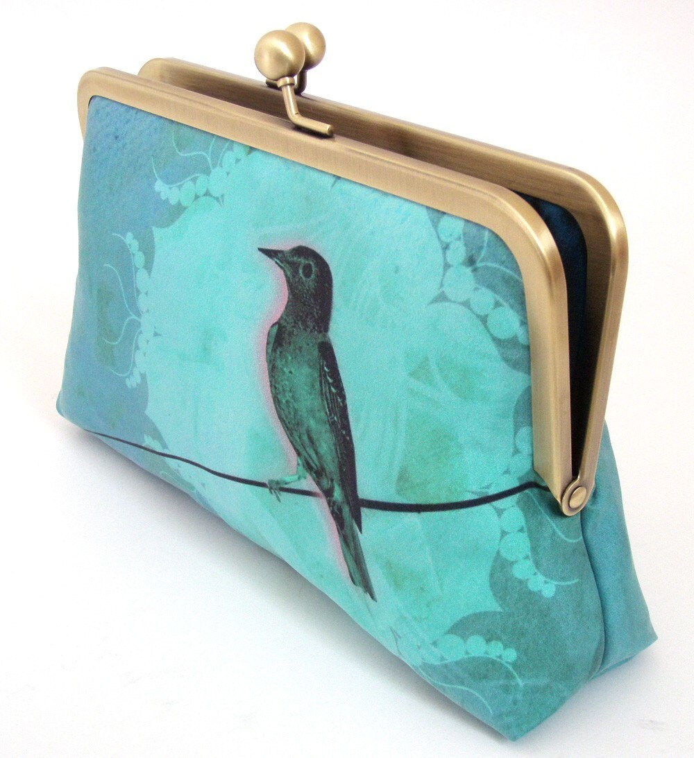 Blue bird clutch bag with chain handle teal turquoise silk Etsy