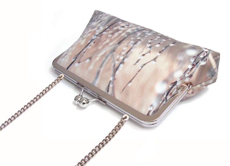 Willow blossom printed silk clutch bag, purse with chain handle image 2