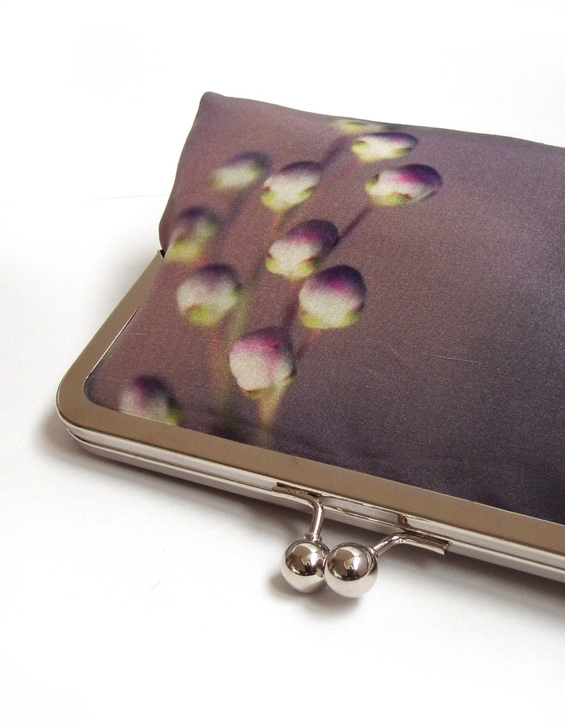 Lilac buds clutch bag, pink silk purse with silver chain handle image 2