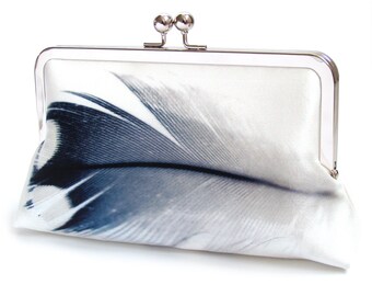 Blue feather, printed silk clutch bag with chain handle