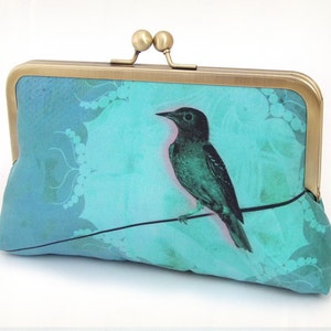 Blue bird clutch bag with chain handle, teal turquoise silk, BIRD ON A WIRE