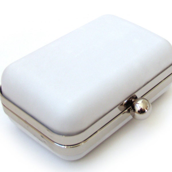 White leather box clutch, handmade purse, leather minaudière, bridal handbag with chain