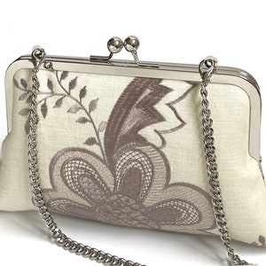 Flower belle, embroidered linen clutch bag with chain handle image 2
