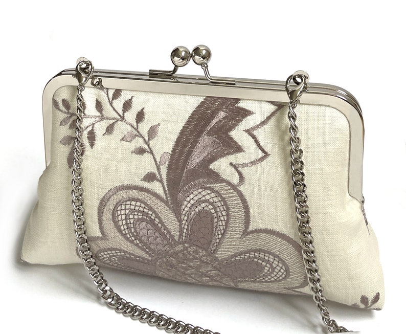 Flower belle, embroidered linen clutch bag with chain handle image 2