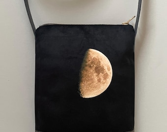 Moon, crossbody velvet and waxed canvas phone bag