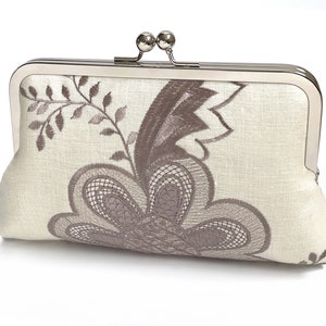 Flower belle, embroidered linen clutch bag with chain handle image 1