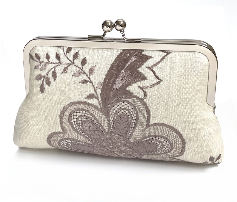 Flower belle, embroidered linen clutch bag with chain handle image 1