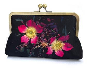 Rosa flower clutch bag, printed silk purse with chain handle