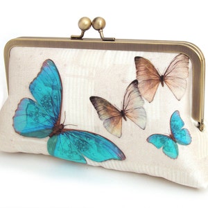 Blue butterflies clutch bag, silk purse with chain handle