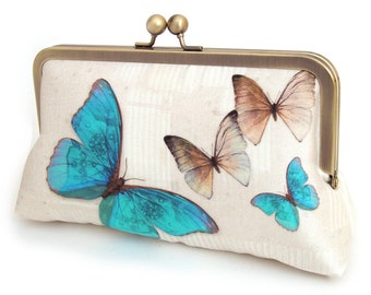 Blue butterflies clutch bag, silk purse with chain handle