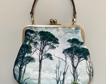 Pine trees, large velvet kisslock bag with long or short strap
