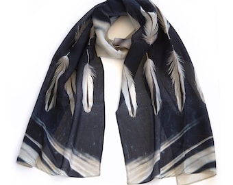 White feather silk scarf, black and white wrap, chiffon, OYSTERCATCHER