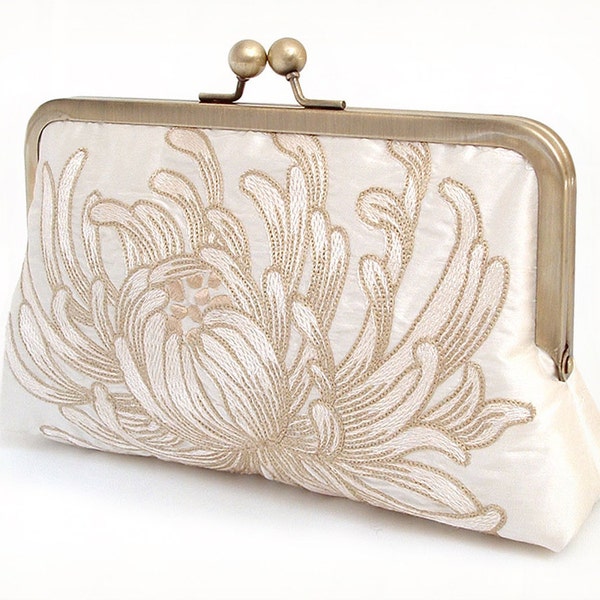 clutch bag, embroidered silk flower purse, wedding clutch, bridesmaid gift, IVORY CHRYSANTHEMUM