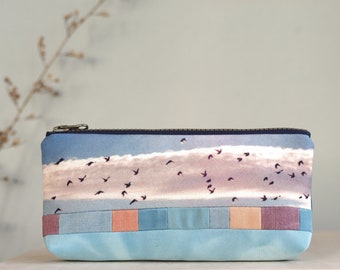 Birds, print and patchwork zipper bag