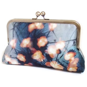Forest lights clutch bag, blue and orange silk purse with chain handle
