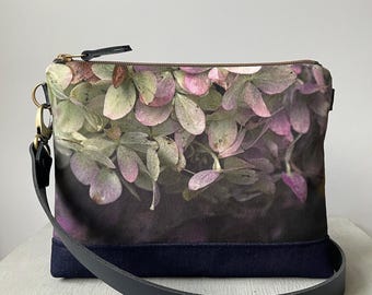 Hydrangea, velvet shoulder bag with leather strap