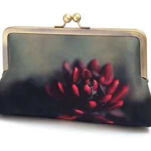 Red flower, printed silk clutch bag, silk purse with chain handle