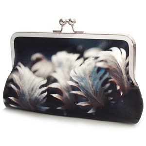 Silver leaves clutch bag, navy silk purse with chain handle