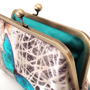 Blue Morpho butterfly clutch purse, silk bag with chain handle image 4