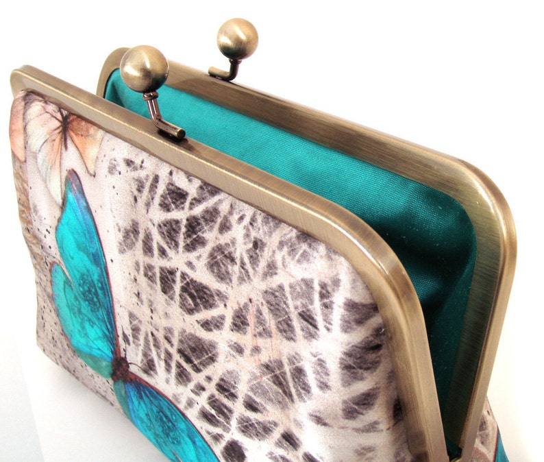 Blue Morpho butterfly clutch purse, silk bag with chain handle image 4