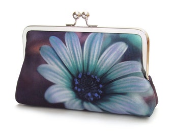 Blue daisy clutch bag, printed silk purse with silver chain handle