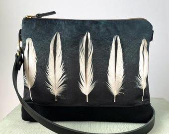 Oystercatcher feathers, large shoulder bag with crossbody strap