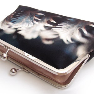 Silver leaves clutch bag, navy silk purse with chain handle image 3